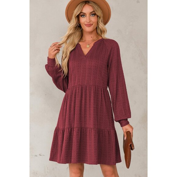 Women’s Fall V Neck Textured Ruffle A-Line Mini Dress Lightweight Casual - Picture 2 of 6